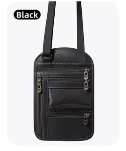 Detailed view of black leather travel neck pouch with multiple zippers and RFID protection