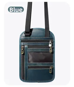 Blue RFID blocking neck wallet with zipper pockets and a clear mesh ID window