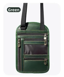 Front detail of green RFID passport holder with four zip pockets and adjustable strap