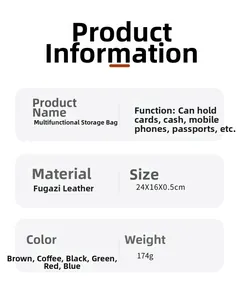 Detailed specs of RFID passport neck pouch with crazy horse leather texture and dimensions