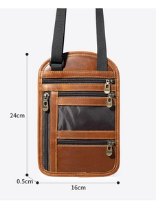 Brown leather neck passport holder size detail with 24cm height and 16cm width specs