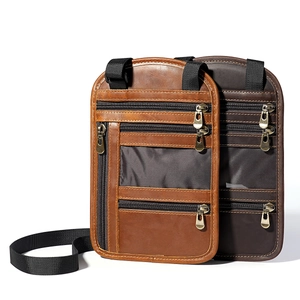 Brown leather neck passport holder with RFID blocking and multiple zipper pockets