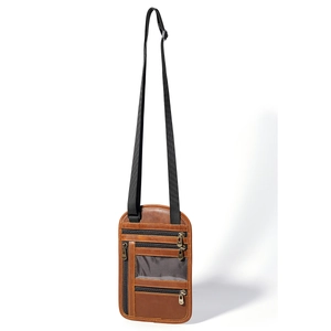 Brown leather travel neck pouch with RFID blocking and multiple zipper pockets for passport