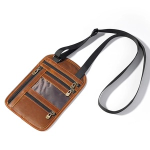 Vintage brown leather RFID passport holder with adjustable neck strap and zipper pockets
