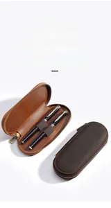 Macro detail of crazy horse leather pen case with zipper and double pen slots