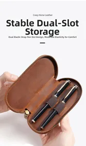 Macro detail of brown crazy horse leather pen case with dual elastic slots and zipper