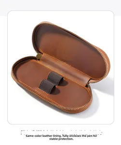 Macro detail of crazy horse leather pen case with dual elastic slots and soft lining
