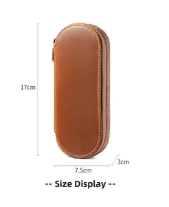 Detailed dimensions of the handmade brown leather zipper pen case, 17cm x 7.5cm x 3cm size