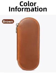 Detailed view of handmade crazy horse leather pen pouch with vintage metal zipper in brown