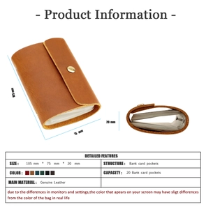 Brown genuine leather card holder details with 20 slots and product dimensions