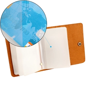 Detail view of brown leather card holder featuring vintage metal snap and PVC slots