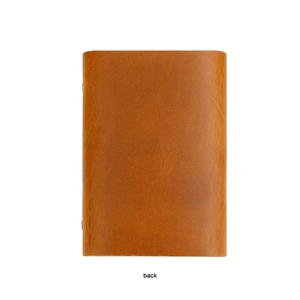 Detailed back view of a brown genuine leather binder showing metallic binder clips