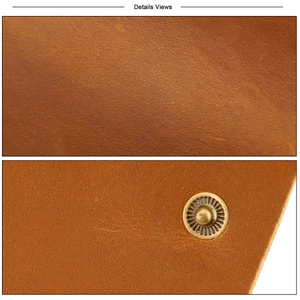 Macro view of genuine brown leather texture and vintage gold snap button detail