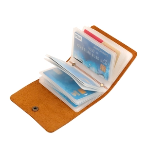 Classic brown leather multi-slot credit card holder with 20 transparent PVC card sleeves