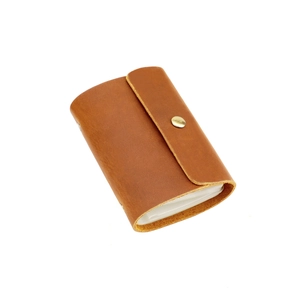 Classic brown genuine leather card holder with vintage button closure and transparent slots