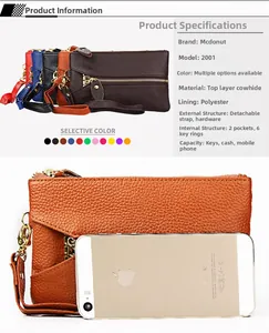 Genuine leather key wallet with wristlet strap, showing interior hooks and phone storage