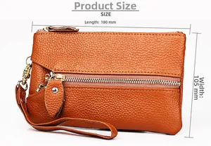Brown lychee grain leather purse dimensions detail with 180mm length and 105mm width