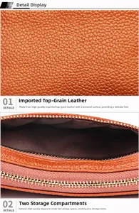 Macro detail of orange lychee grain genuine leather wallet with two zip compartments