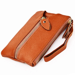 Brown litchi grain leather multifunctional wallet with zipper and wrist strap