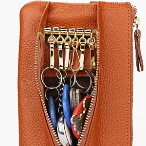 Brown lychee grain leather multi-functional key pouch with 6 hooks and zipper pocket