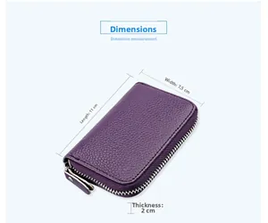 Lila Leder Kartenetui mit RFID-Schutz und Reißverschluss, Maße zeigen 11x7,5x2cm Details