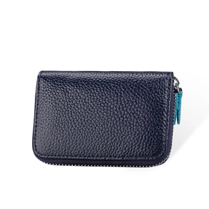 Dark blue genuine leather card holder with RFID protection and zip closure in lychee pattern
