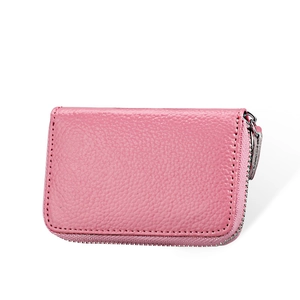 Pink genuine leather accordion card case with RFID blocking and secure silver zipper