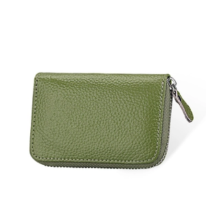 Grass green genuine leather accordion card wallet with zip closure and pebble texture