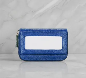 Blaues Leder-Kartenetui mit Litschi-Textur und transparentem Sichtfenster