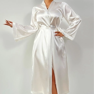 Elegant white satin long-sleeved bathrobe for women with V-neck and waist tie belt