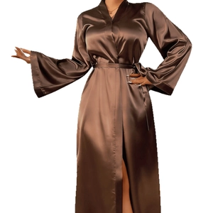 Elegant long-sleeved satin silk robe in dark brown featuring V-neck and waist tie design