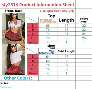 Tableau des tailles pour l'uniforme sexy d'écolière avec chemise blanche et jupe à carreaux