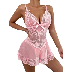 Pink sheer lace bodysuit lingerie with bow detail and mesh skirt on white background