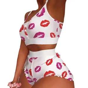 Women's two-piece sexy pajamas set with red lip prints camisole and ruffled shorts