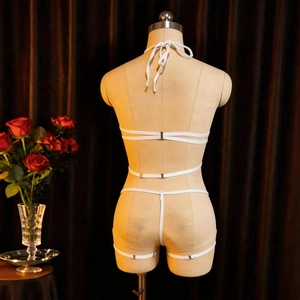 Vista posteriore di lingerie bikini bianca con fiocco e design scavato sensuale