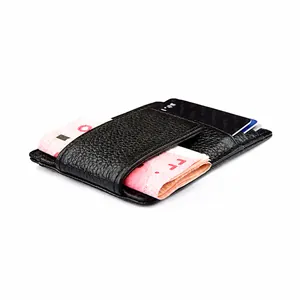 Detail of RFID-blocking black lychee grain leather wallet with multiple card slots
