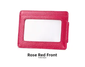 Rose red RFID card holder front view with lychee grain leather texture and clear ID window