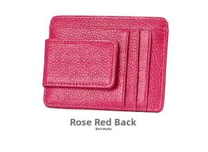 Back view of rose red RFID blocking card holder in litchi grain leather with slots