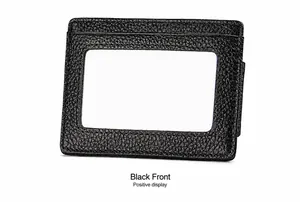 Front view of black RFID blocking card holder with ID window and pebble leather texture