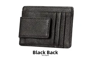 Slim black leather RFID card holder featuring detailed stitching and back credit card slots