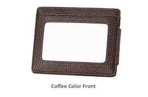 Front view of coffee brown RFID-blocking card holder with litchi grain and ID window