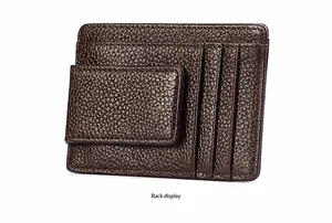 Back view of brown lychee grain leather RFID wallet with three slots and coin pouch