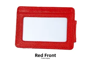 Detailed front view of red lychee grain leather RFID blocking card holder with ID window
