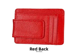 Detailed back view of red RFID blocking leather card holder with lychee pattern and slots
