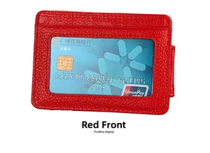 Detailed front view of red lychee textured RFID leather card holder with clear ID window
