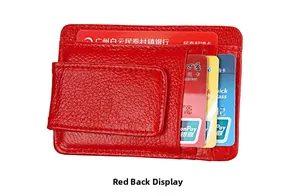 Detailed back view of red lychee leather card holder with multiple functional slots