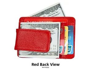 Red litchi pattern leather RFID wallet with magnetic money clip and card slots