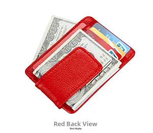 Detail of red lychee grain leather wallet with magnetic clip and multiple card slots