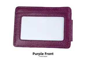 Front view of purple RFID leather card holder with clear ID window and fine stitching