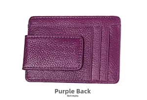 Detail of slim purple litchi leather wallet with three card slots and money clip